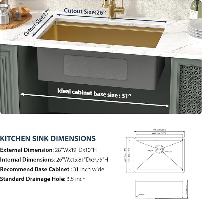 Lordear 28 Undermount Kitchen Sink Gold Stainless Steel 16 Gauge Under Counter Workstation Sink Single Bowl 304 Stainless Steel One Basin Handmade Sinks