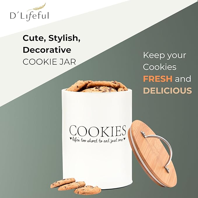 D'Lifeful Cookie Jar with Airtight Bamboo Lid – 1.1 Gallon Cute and Decorative Cookie Storage for Kitchen Countertop – Farmhouse Storage Tin for Freshness – Great Gift Idea