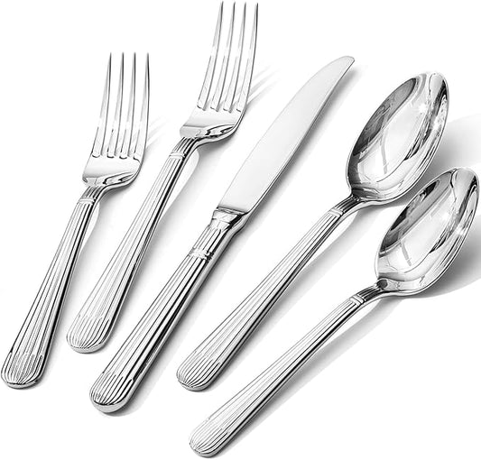 KINGSTONE 5-Piece Silverware Set, 18/10 Stainless Steel Flatware Set - Luxury Elegant Striped Cutlery with Dishwasher Safe, Durable for Family Dining, Catering, Weddings, Anniversaries Gift