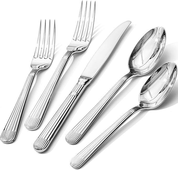 KINGSTONE 60-Piece Silverware Set, 18/10 Stainless Steel Flatware Set - Luxury Elegant Striped Cutlery with Dishwasher Safe, Durable for Family Dining, Catering, Weddings, Anniversaries Gift