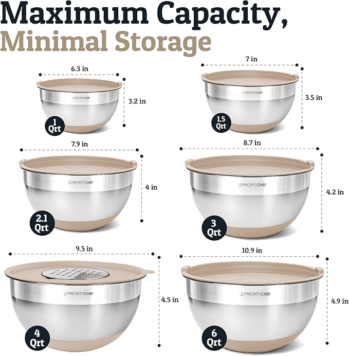 Priority Chef Stainless Steel Mixing Bowls with Lids Set - Premium 30Pcs with 6pc Metal Bowl Set for Kitchen, 3 Graters, Airtight Lids, Non-Slip Bases & Silicone Utensils, Khaki