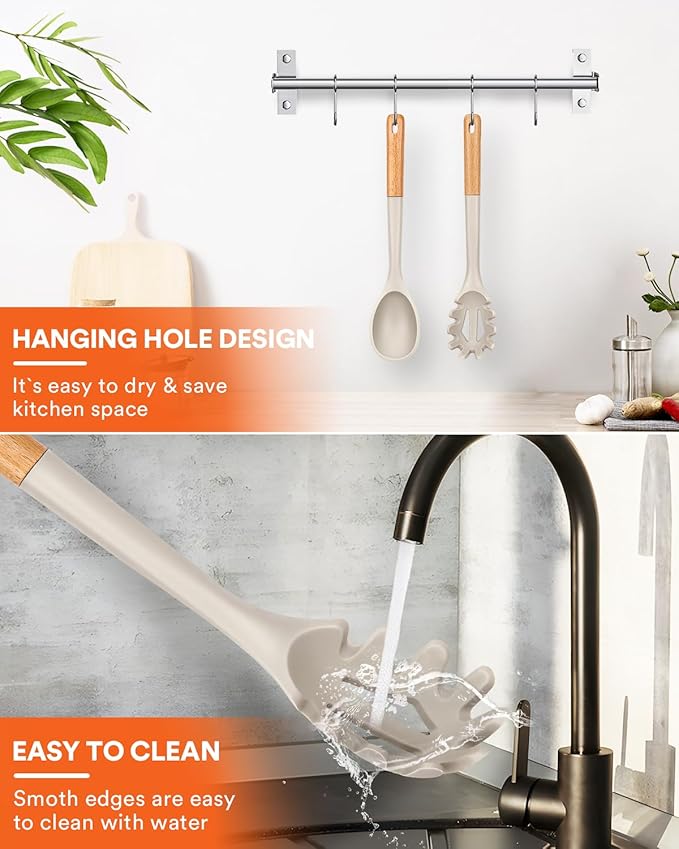 Silicone Pasta Fork And Cooking Spoon, Kitchen Heat Resistant Noodle Spoon Server, BPA Free Spaghetti Strainer,12.8 inch