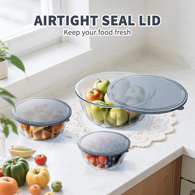 Luvan Glass Mixing Bowls with Lids Set of 5(0.85qt,1.11qt,1.69qt,2.85qt,4.7qt), Large Salad Bowl with Diamond Pattern & Grey Transparent Lids, Kitchen Clear Mixing Bowl for Serving Baking Prep Storage