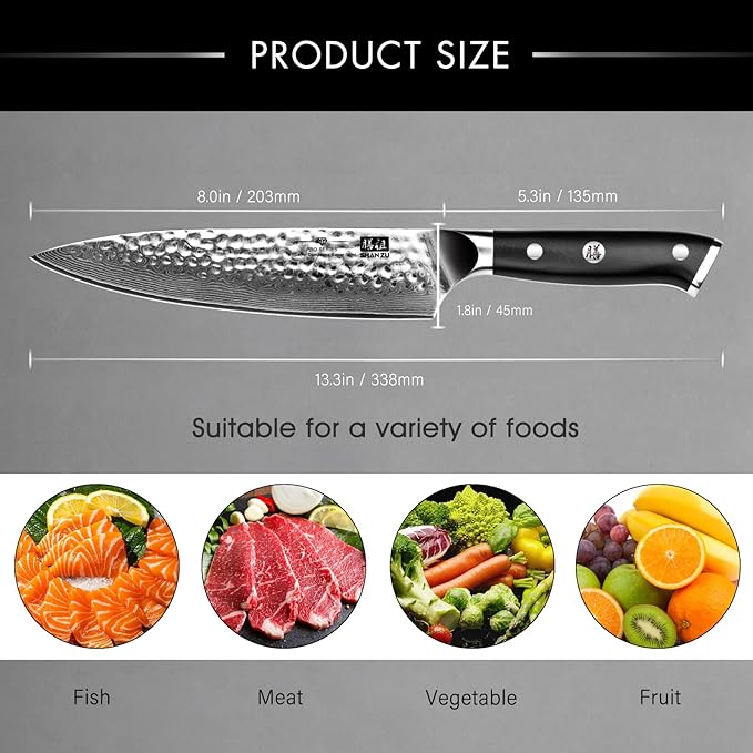 SHAN ZU Chef Knife, 8 Inch Damascus Steel Knife, Professional Kitchen Knife Sharp High Carbon Steel Kitchen Utility Knives with Gift Box