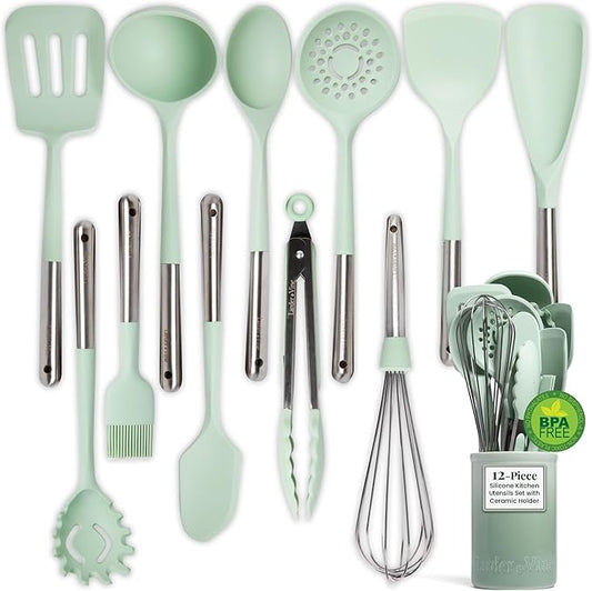 Larder & Vine 12-Piece Silicone Kitchen Cooking Utensils Set with Stainless Steel Handle and Ceramic Holder, Dishwasher Safe Set of Kitchen Essentials (Sage)
