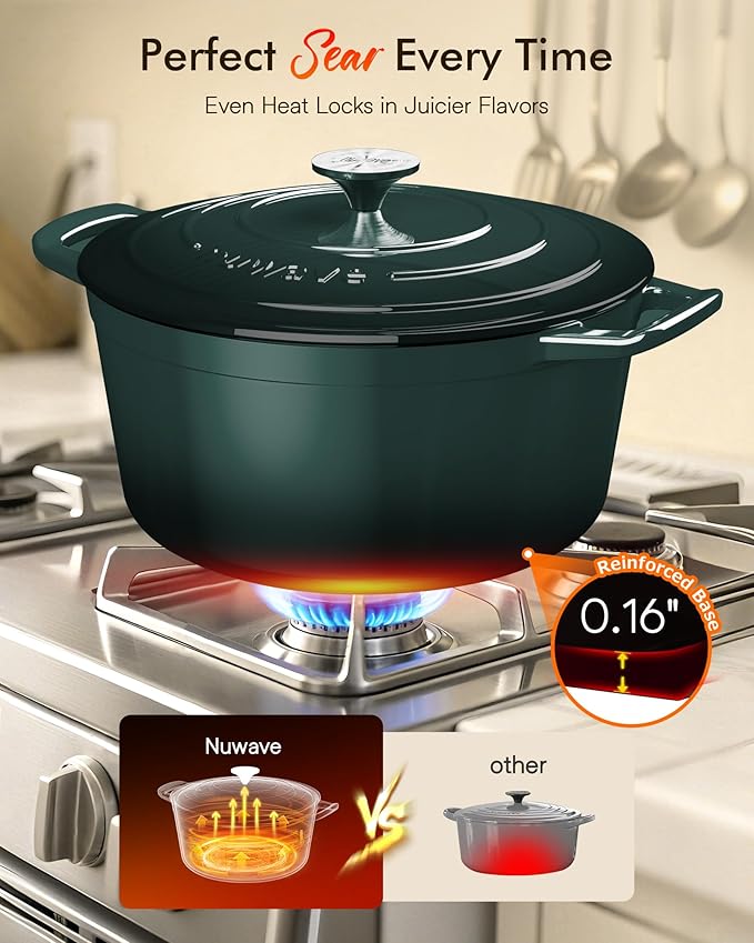 Nuwave 6QT Healthy Enameled Cast Iron Dutch Oven Pot with Lid, Heavy Duty 7-Layer Enamel, Enhanced Rust Protection, Dual Handles, Oven Safe to 500°F for Sourdough Bread Baking, Braise, Stew, Roast