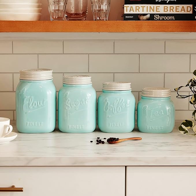 Young's Inc. 4 Pcs Set Blue Lagoon Nautical Ceramic Canisters- Storage Container for Kitchen and Bathroom - Beautiful Home Decor Accent to Store Food, Coffee, Tea, and More - White, Blue