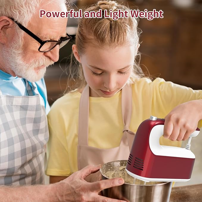 9-Speed Digital Hand Mixer Electric, 400W Powerful DC Motor, Baking Mixer Handheld with Snap-On Storage Case, 5 Stainless Steel Accessories, Flat Beaters, Dough Hooks, Whisk (Red&White)