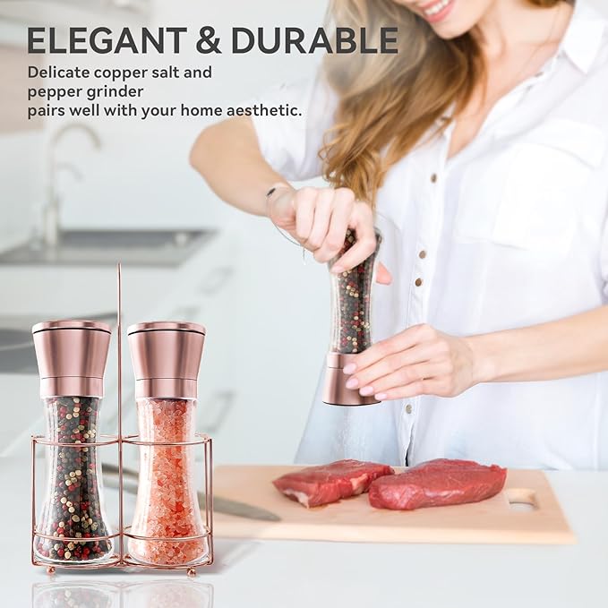 Copper Stainless Steel Salt and Pepper Grinder Set Manual Himalayan Pink Salt Mill|Salt and Pepper Shakers with Adjustable Coarseness and Clear Glass Body (Pack of 2)
