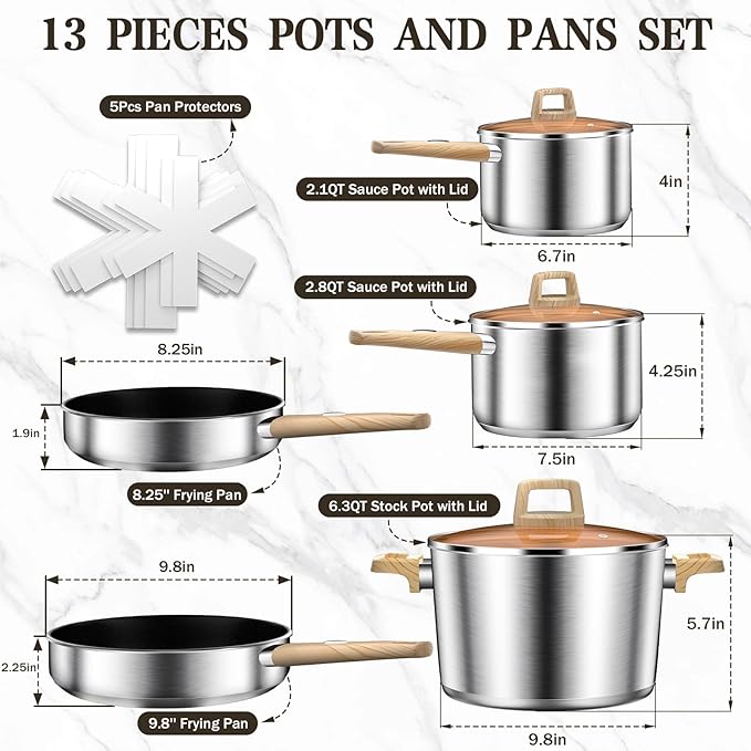 13-Piece Stainless Steel Cookware Set with Nonstick Frying Pans, Sauce Pots & Stock Pot, Heavy Duty Pots and Pans Set, Wooden Handles & Triple Layer Bottom, Induction Cookware, Easy to Clean