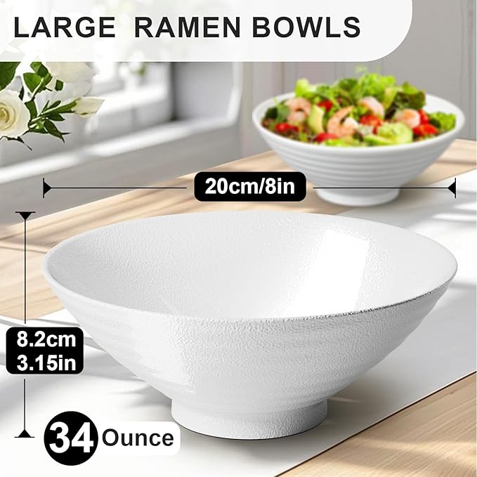 8-Inch Ceramic Ramen Bowl Set of 2 (9 Piece) - Porcelain Japanese Salad Noodles Cereal Fruit Pasta Soup Large Bowls with Recipes Chopsticks Forks Spoons for Men Women Gift Microwave & Dishwasher Safe