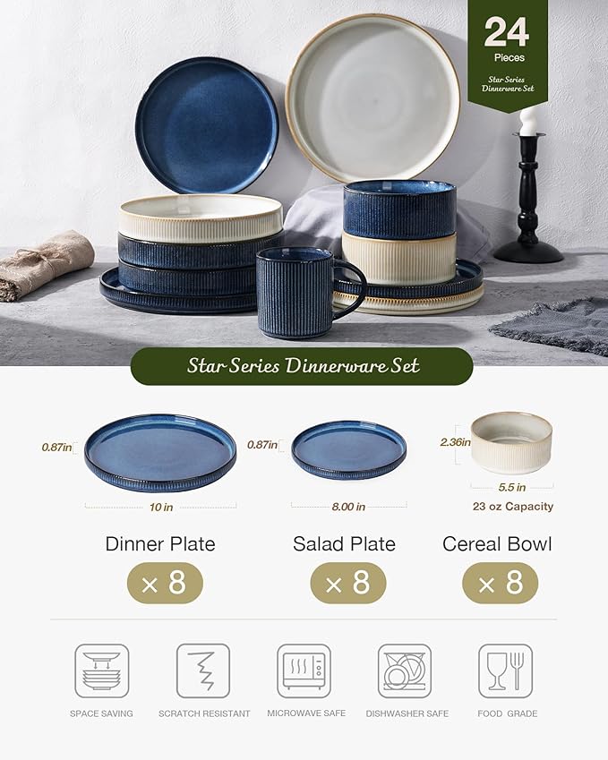 Famiware Star Dinnerware Set, Plates and Bowls Sets for 8 (24pcs), Ribbed Stoneware Dishes - Chip & Scratch Resistant, Microwave & Dishwasher Safe, Multicolor - Cappuccino White & Nebulas Blue