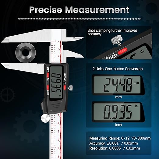Housolution Digital Caliper 12 Inch, Caliper Measuring Tool with Large LCD Screen, Inch/MM, 4 Measuring Ways, Auto-Off LCD Stainless Steel Micrometer Vernier Caliper for Printing Jewelers Woodworkers