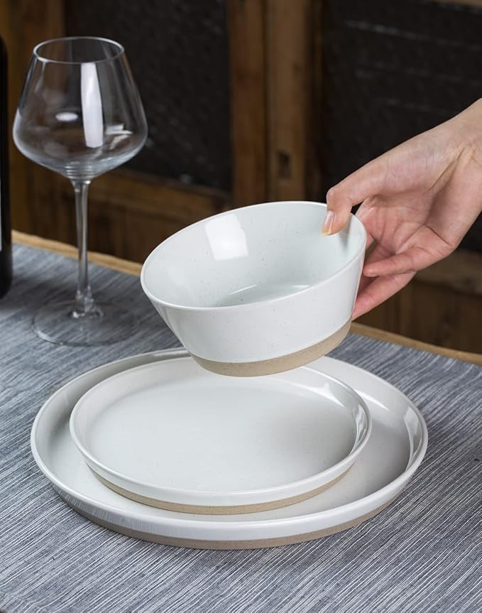 Famiware Saturn Speckled Dinnerware Sets for 4 (12 Pieces), Stoneware Plates and Bowls Dish Set - Chip and Scratch Resistant, Microwave and Dishwasher Safe, White