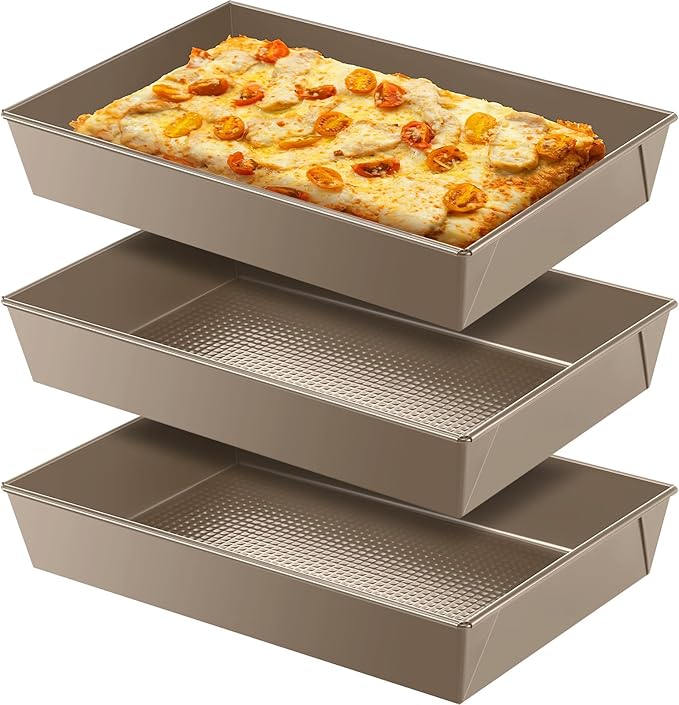 Detroit Style Pizza Pan Hard Rectangular Deep Pizza Pans Non Stick Sicilian Style Pan Dish Pre Seasoned Bakeware Kitchenware(10 x 14 x 2.36 in,Gold,3 Pcs)