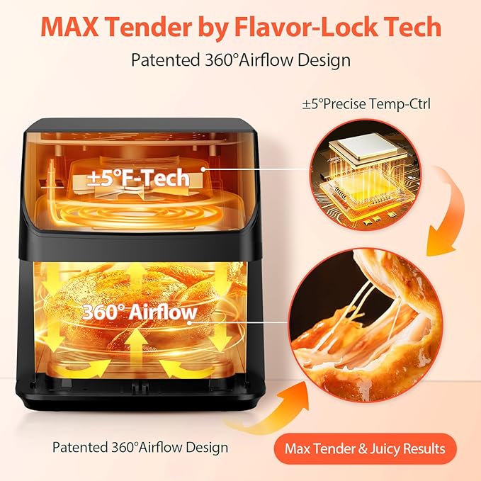 Beelicious 5.8QT Large Air Fryer, 12-in-1 Digital Airfryer with Clear Window, 40+ Recipes, Flavor-Lock Tech, Shake Reminder, Compact, Quiet, Dishwasher Safe, Nonstick (Black)