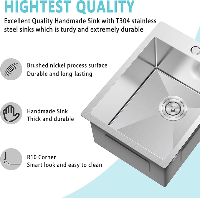15x20 Inch Bar Sink, 18 Gauge 304 Stainless Steel Topmount Drop In Sink with Grid, Drain Assembly for Home, RV, Office, Laundry, Professional Use