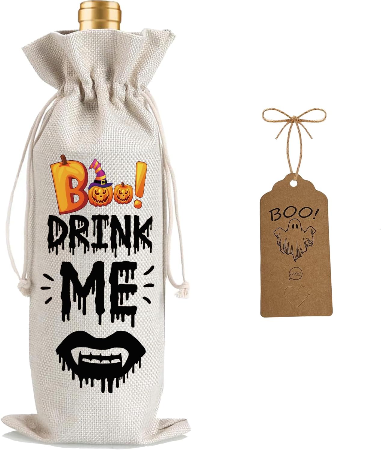 1Pcs Drink Me Gifts Wine Bag, Happy Halloween Wine Bag Halloween Party Decorations with 1Pcs Kraft Blessing Cards and natural jute rope