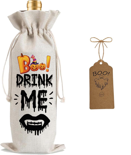 1Pcs Drink Me Gifts Wine Bag, Happy Halloween Wine Bag Halloween Party Decorations with 1Pcs Kraft Blessing Cards and natural jute rope