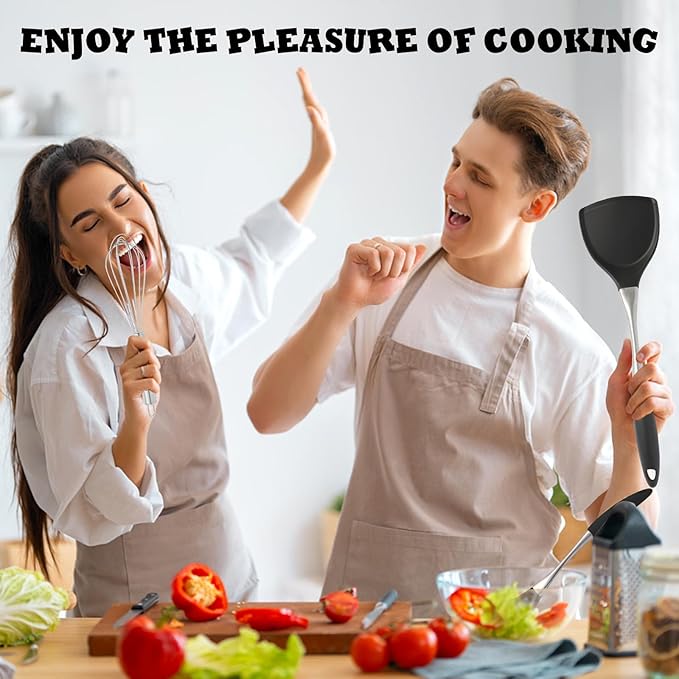 Premium Black Silicone Cooking Utensils Set - Non-Toxic, Heat Resistant& Non-Stick Kitchen Utensils Set with Spatula, Spoon, Whisk, Tongs, BPA Free, Dishwasher Safe, Black
