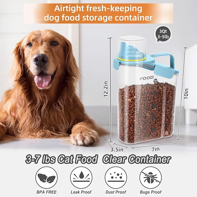 Dog Food Storage Container, Upgraded Large Nozzle BPA-free, 3-5 LBS Plastic Pet Food Storage Containers, With 4 Sealed Clasps, 1 Measuring Cup and Handle (Sunshine Blue)
