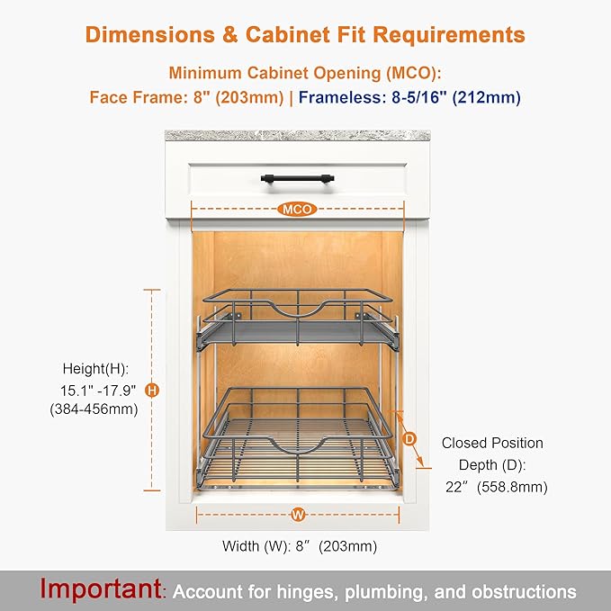 ALINE FURNITURE 2-Tier Pull Out Cabinet Organizer - 8" W x 22" D Soft Close Sliding Shelves with Shelf Liners - Pullout Drawers for Kitchen Cabinets, Pantry, Bathroom, Heavy Duty Steel Wire Baskets