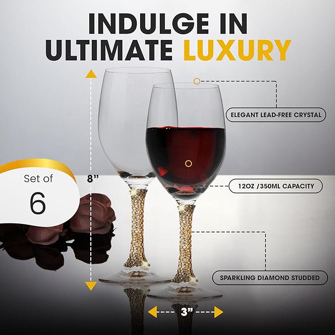 Premium Wine Glasses Set of 6 - Crystal Long Stem Wine Glass with Gold Rhinestone Stem Design - 12 oz