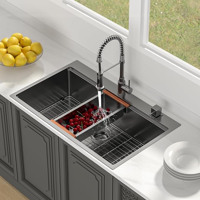 Lordear 36 Inch Black Drop In Kitchen Sink - 36x22x10 Inch Drop in Top Mount Sink 16 Gauge Stainless Steel Single Bowl Ledge Worktation Kitchen Sinks Handmade Deep Basin With Cutting Board