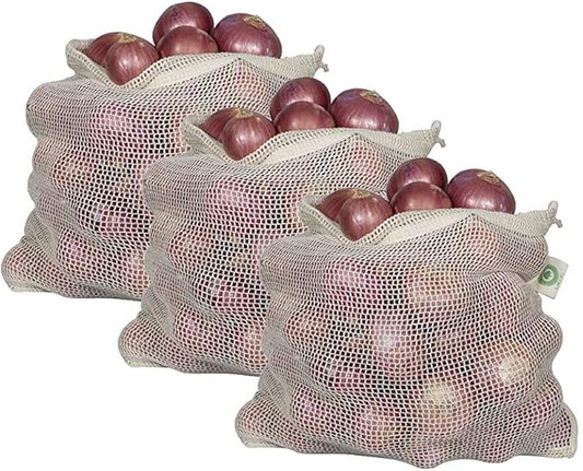 Reusable Onion Storage Bags - Organic Cotton Mesh Onion Bags with Drawstring - Washable Onion Holder Storage - Net Onion Keeper Sacks - Perfect Potato Storage Bags - Root Vegetable Sacks (3 X-Large)