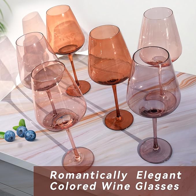 Colored Wine Glasses Set of 6, 19.5oz Stemmed Amber Wine Glasses, Brown Colorful Large Glasses with Long Stem, Hand-Blown, Ideal Gift For Daily Use, Special Occasions, Wedding, Anniversary