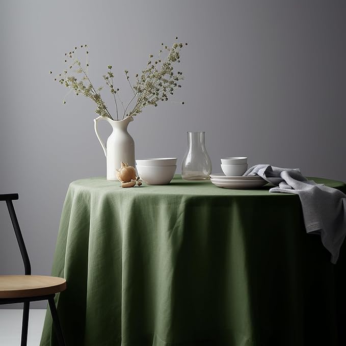 EVERLY 100% Pure Linen Round Tablecloth 108Inches for Dining,Buffet Parties,Picnic,Events,Weddings and Restaurants,Decorative Halloween,Thanksgiving Machine Washable Tablecloths-Olive Green