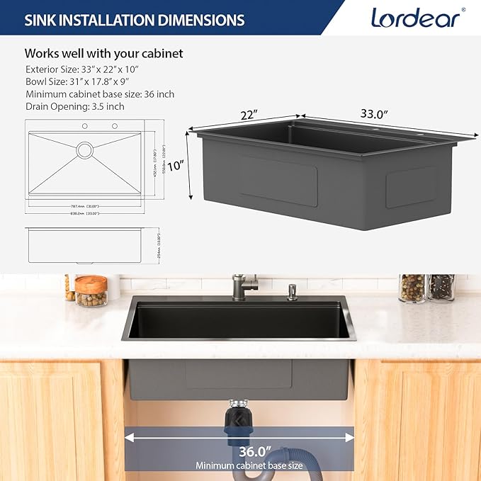Lordear 33 Black Kitchen Sink Drop in 33x22 Drop Sink Stainless Steel 16 Gauge Gunmetal Black Ledge Workstation Single Bowl Topmount Overcounter Kitchen Sinks Deep Basin