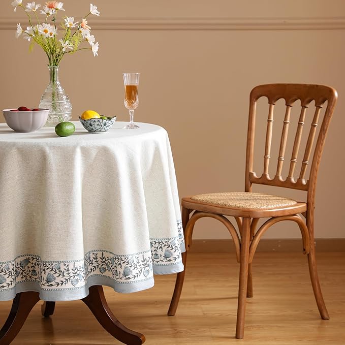 Floral Tablecloth for Round Tables,Linen Table Cloth with Thorny Vine Flower Pattern,Heavy Durable Table Cover for Dining Thanksgiving Kitchen Decor Party Christmas,Diameter 55"