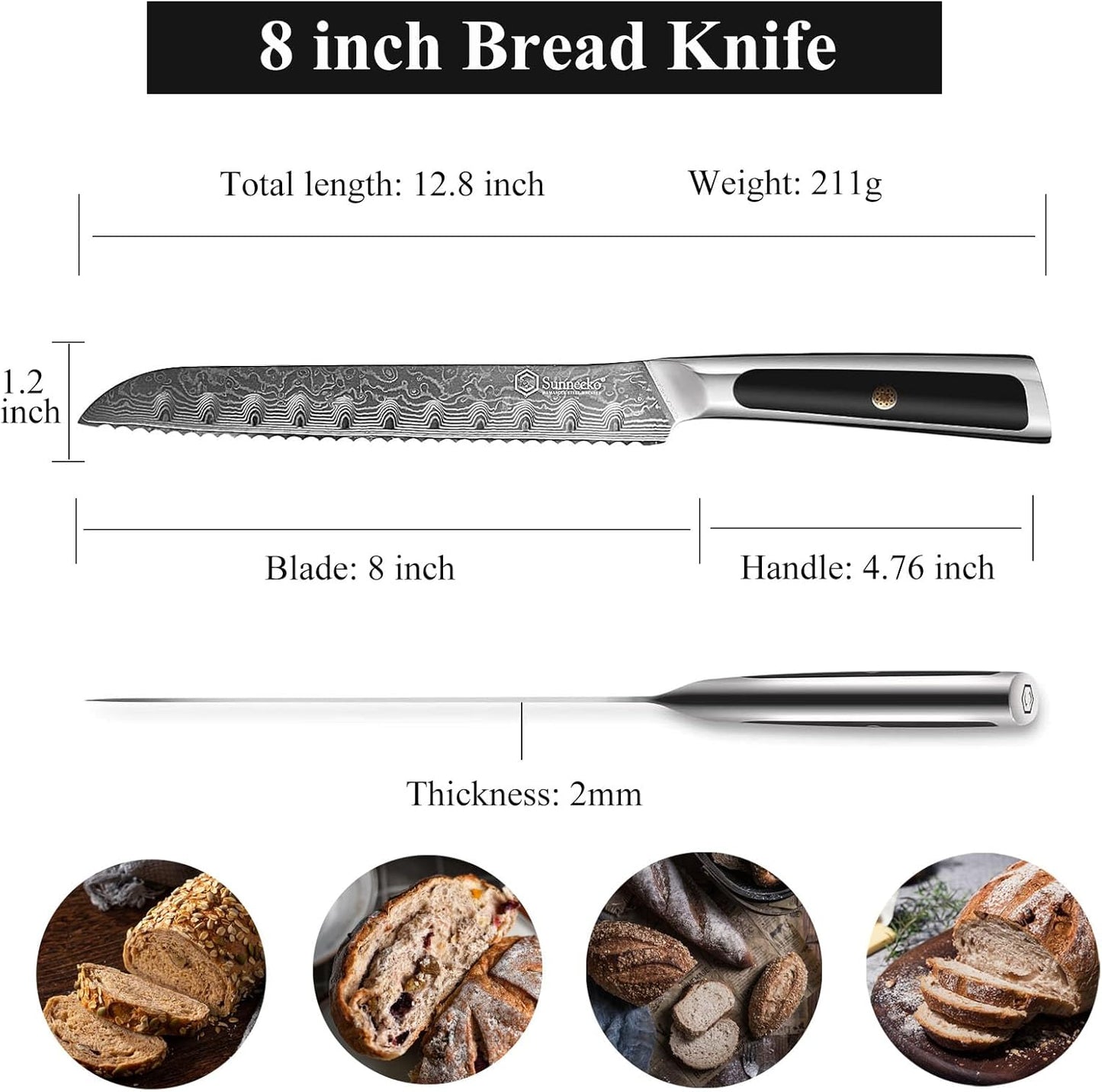Sunnecko Bread Knife 8 inch, Serrated Bread Knife for Homemade Bread with 67-layers VG10 Damascus Steel Blade, Japanese Bread Knife with Solid Handle Bread Cutting Knife Bread Knives Cake Knife
