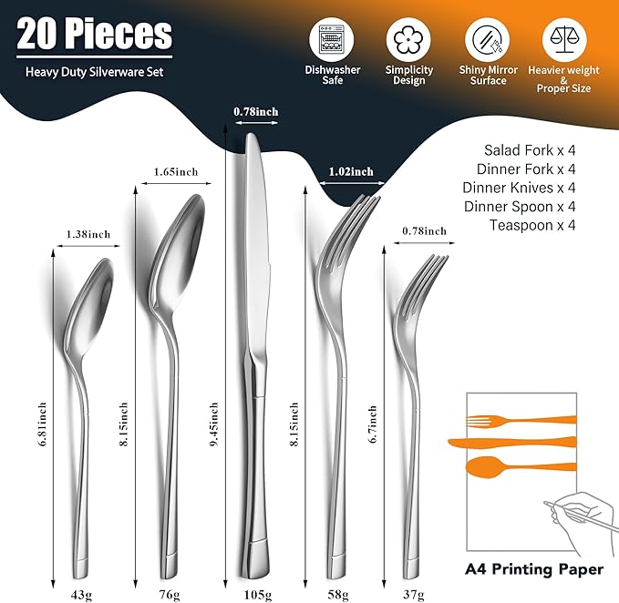 Heavy Duty Silverware Set for 4, 20-Piece 18/10 Stainless Steel Flatware Set, Mirror Polished Cutlery Modern Kitchen Eating Utensil Durable Tableware Included Knife Fork Spoon, Dishwasher Safe