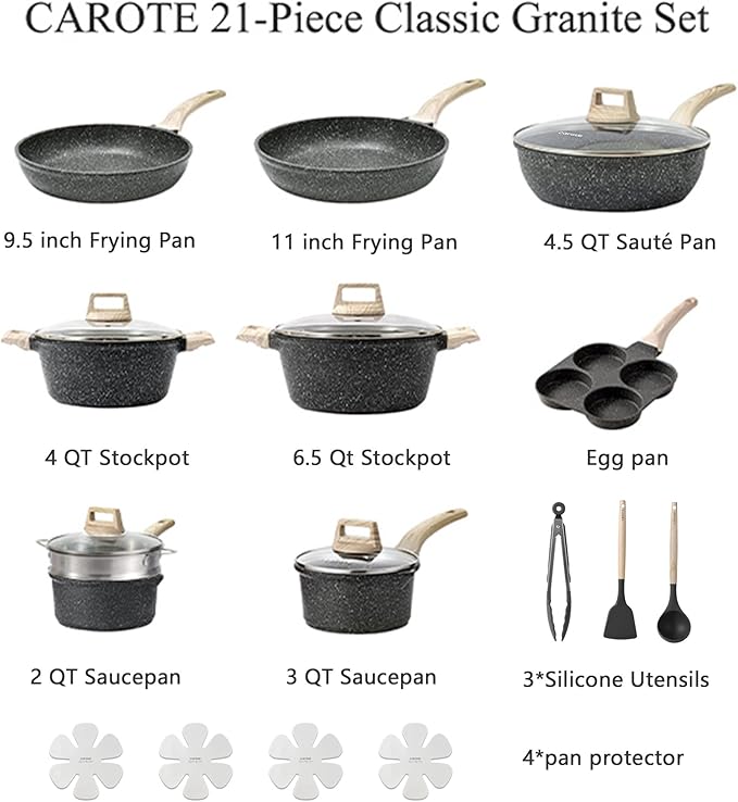 CAROTE 22Pcs Pots and Pans Set, Nonstick Cookware Sets, Granite Induction Cookware Non Stick Cooking Set w/Frying Pans & Saucepans(PFOS, PFOA Free)