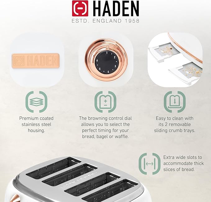 Haden Heritage 4 Slice Wide Slot Stainless Steel Toaster with Adjustable Browning Control & Non-Slip Feet, Ivory & Copper