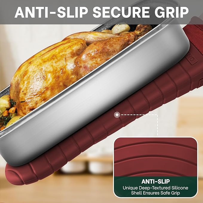 Beneno Premium Silicone Oven Mitts 2-Pack Heat Resistant 500°F, Soft Flexible Non-Slip Grips, BPA-Free & Waterproof Oven Mitts with Comfortable Cotton Lining for Baking, Grilling, Cooking, 7"x13", Red