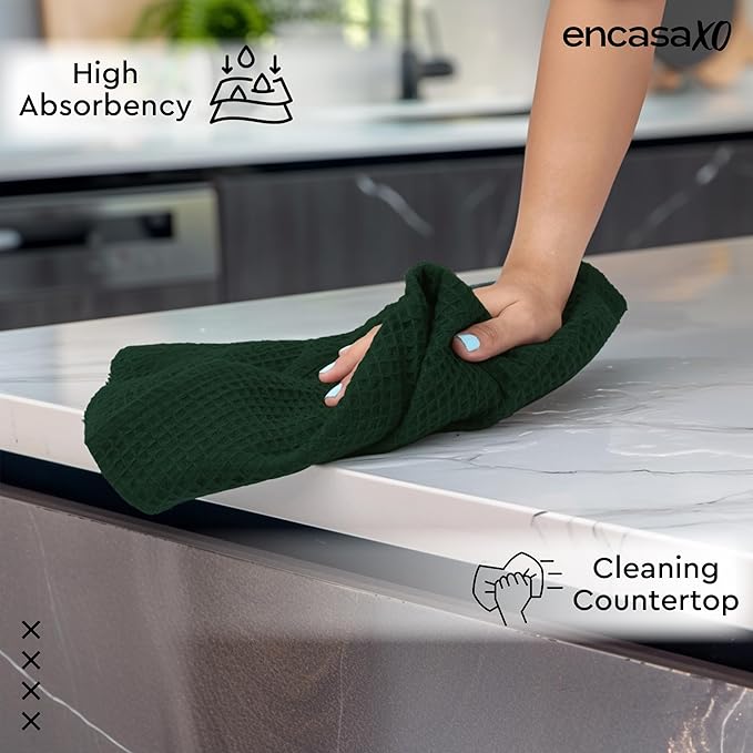 Encasa XO Kitchen Dish Towels Set | Dark Green | Waffle Weave and Flat Hand Tea Towel | 28"x18" | Quick Drying Reusable Cotton Washcloths | Multipurpose Lightweight Dishcloths Set of 4