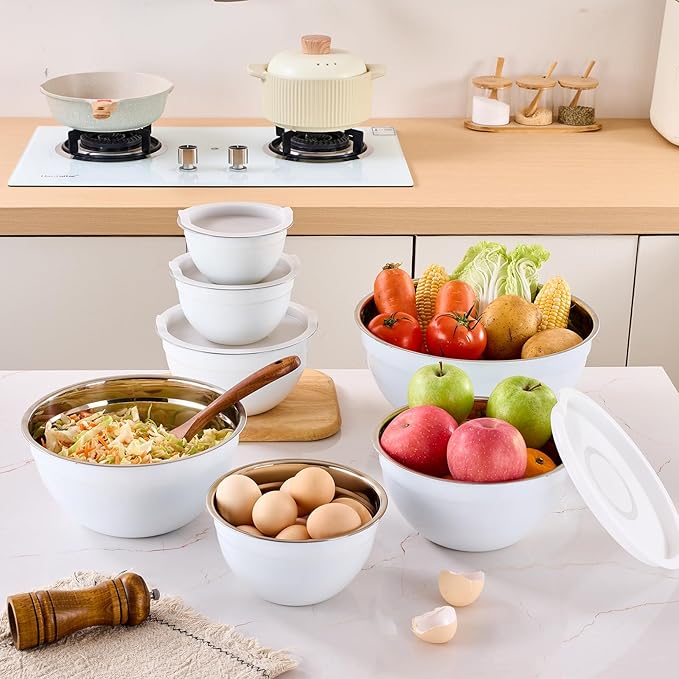White Mixing Bowls with Airtight Lids, Stainless Steel Nesting Mixing Bowls Set of 7, Ideal for Baking, Prepping and Serving Food, Size 7, 3.6, 2.7, 2.1, 1.5, 1.1,0.8 QT, Stackable Design