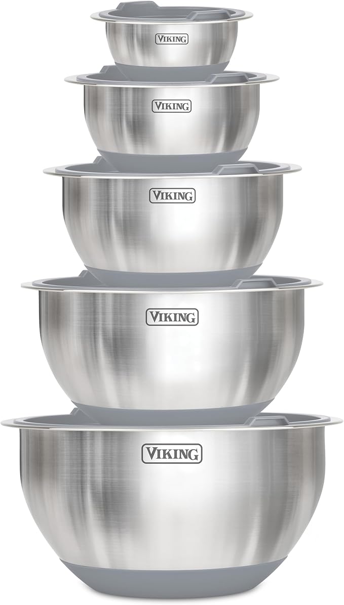 Viking Mixing Bowls Set, 10 Piece Stainless Steel Kitchen Cookware, Non-Slip Silicone Base, Includes Tight Fit Lids, Dishwasher Safe, Grey