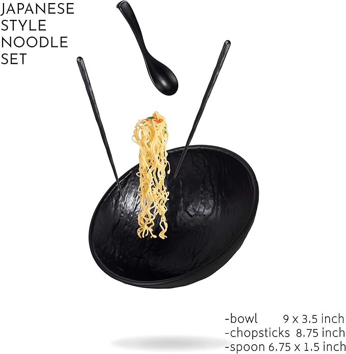 Ramen Bowl and Spoon Set with Chopsticks - Large Pho Bowls and Spoons Set Unbreakable Japanese Melamine Ramen Bowl - 6 Piece Matte Black Asian Ramen Noodle and Soup Bowls - 54 Ounce