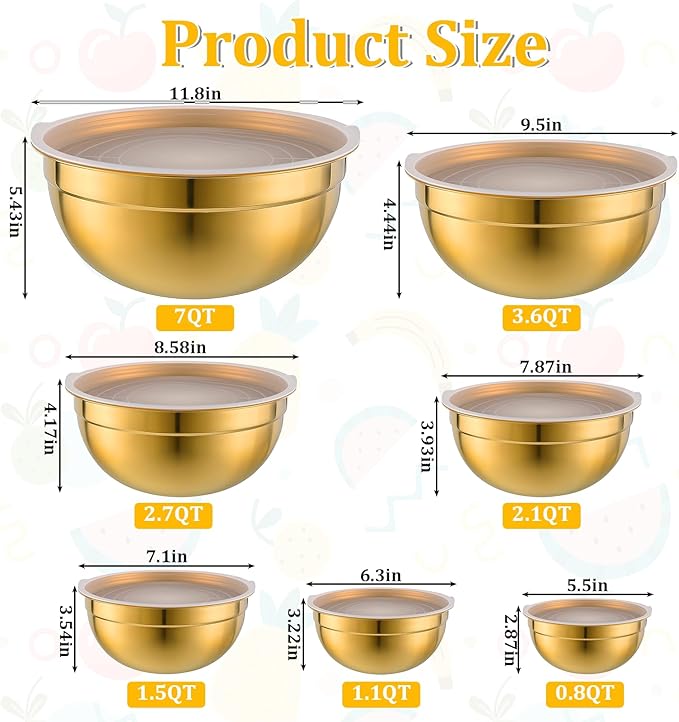 SHENLIU 7 Pcs Gold Mixing Bowls with Airtight Lids, Stainless Steel Mixing Bowls Metal Nesting Organizers for Baking, Prepping and Serving Food, Non-slip Bottom Size 7, 3.6, 2.7, 2.1, 1.5, 1.1, 0.8Qt