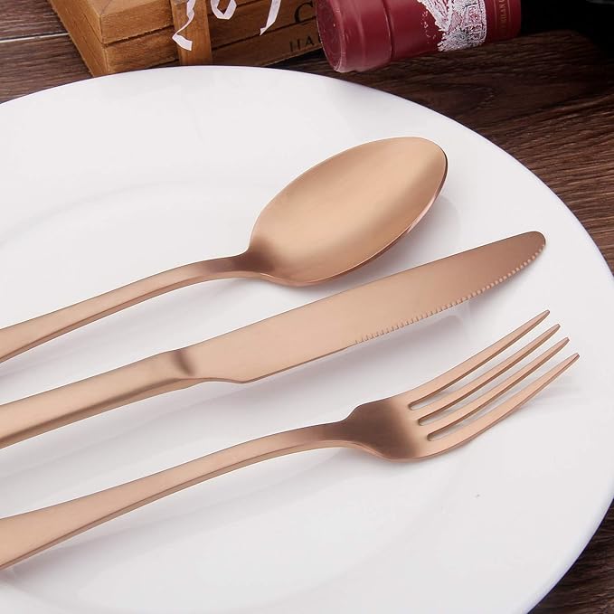 Matte Rose Gold Silverware Set , Satin Finish 20-Piece Stainless Steel Flatware Set with Round Edge,Kitchen Utensil Set Service for 4 , Dishwasher Safe