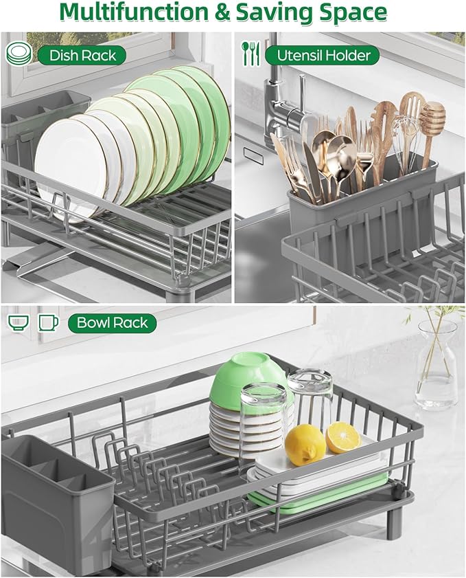 Dish Drying Rack, Stainless Steel Drainer Rack with Drainboard with Smart Drainage System, Space Saving Dish Strainer for Kitchen Counter with Cutlery Holder, Grey