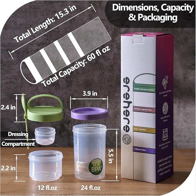 Portable & Airtight Food Storage Containers | 4-Piece Stackable Jars with Twist-Lock Lids | 60oz Leak-Proof BPA-Free Jars for Snacks, Formula & salads