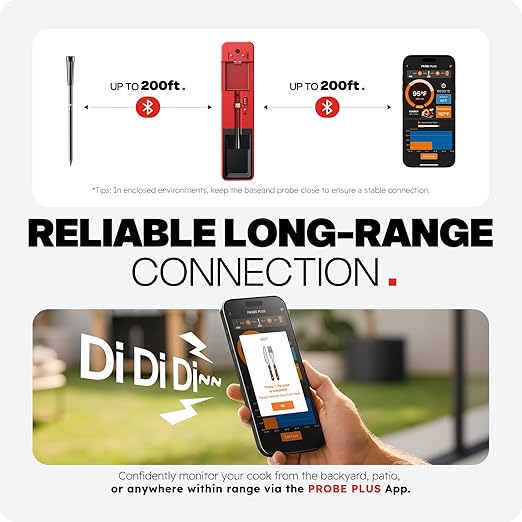 Smart Wireless Meat Thermometer with Ultra-Thin Probe, 6 Sensors Accuracy Digital Food Thermometer 0.5S Instant Read, IP67 Waterproof for BBQ, Grill, Smoker, Oven, Air Fryer,Red