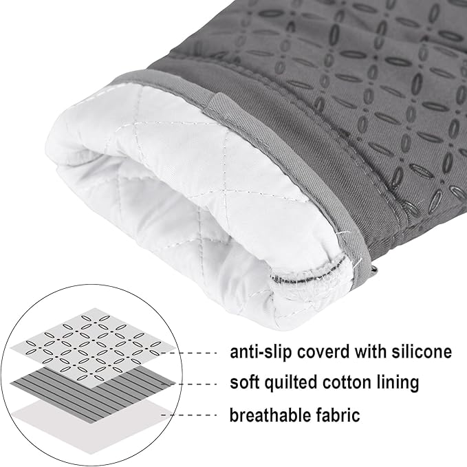 KEGOUU Oven Mitts and Pot Holders 6pcs Set, Kitchen Oven Glove High Heat Resistant 500 Degree Extra Long Oven Mitts and Potholder with Non-Slip Silicone Surface for Cooking (Grey)