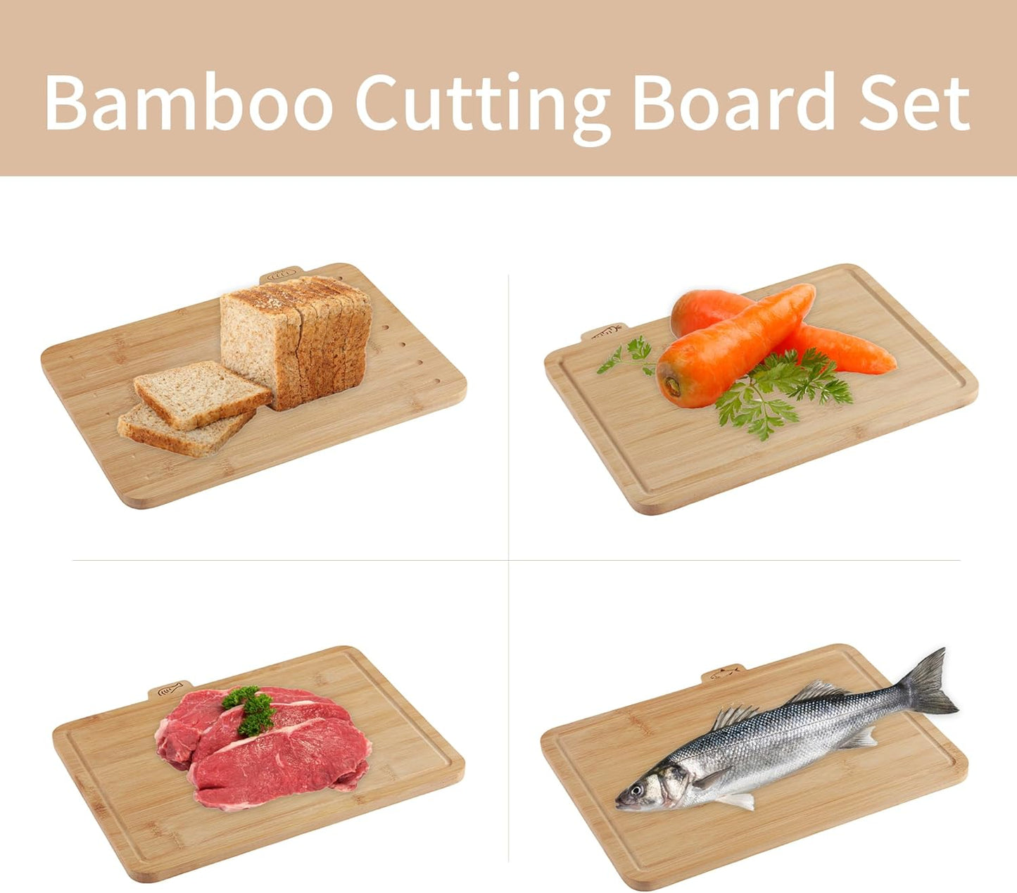 14.56"L x 11"W Bamboo Cutting Board Set of 4 - Wood Cutting Board Set with Holder, Chopping Boards Set with Food Icons, Juice Groove - Ideal for Meat, Fish, Bread, Vegetable, Fruit Chopping