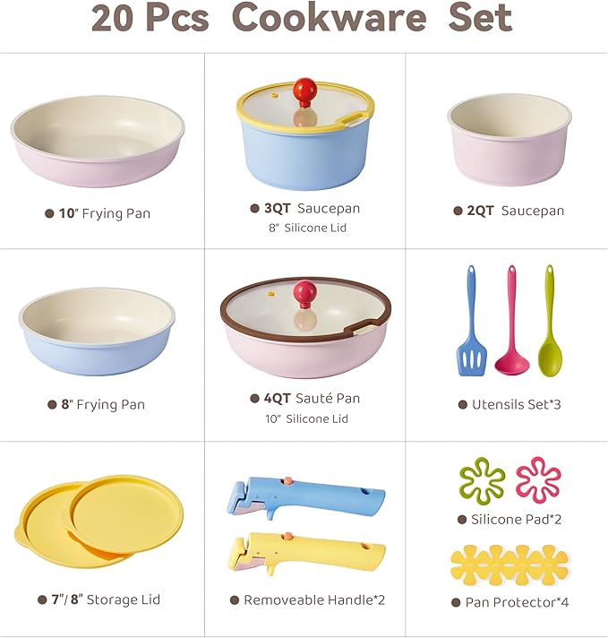 CAROTE 20pcs Ceramic Cookware Set Detachable Handle,Pots and Pans Set Nonstick,Induction Kitchen Cookware with Removable Handle,RV Dishwasher ＆ Oven Safe, PFOA Free